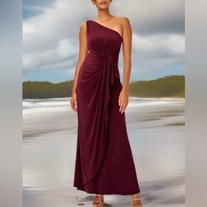 Adrianna Pappel one-shouldered jersey gown. Burgundy. Size 8.